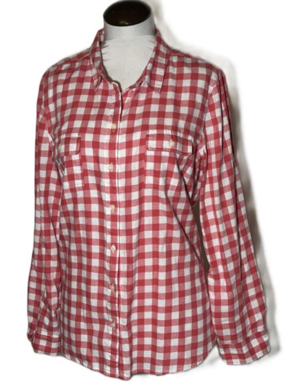 Red & White Checked Plaid Long Sleeve Shirt Blouse Top Women's Large 100% Cotton